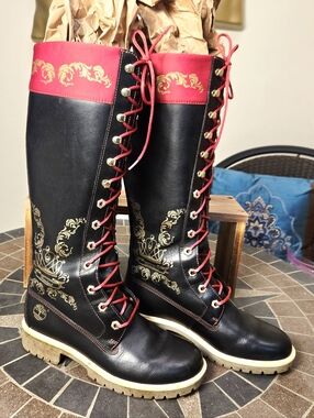 Timberland Lugged Sole Lace-Up Tall Boots Gold Accents